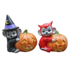 Halloween Ceramic Witch Mouse & Devil Mouse Pair w/Pumpkins Alberta's Mold 1986